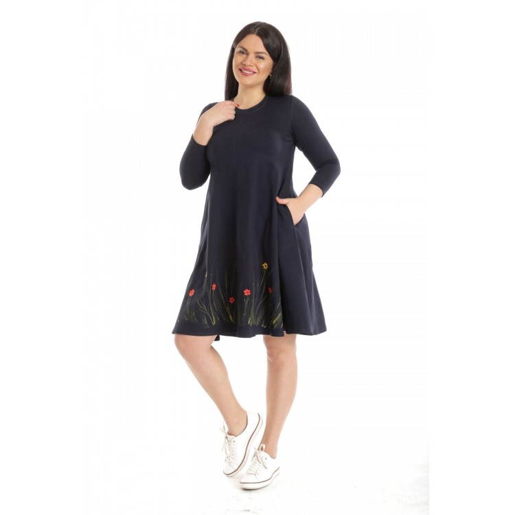 Rochie Dama cu Buzunare, Bleumarin cu pictura realizata manual