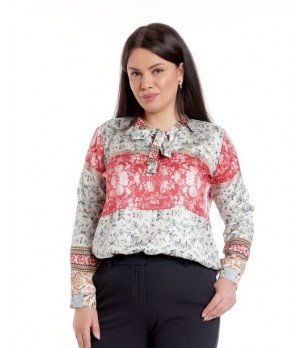Bluza Dama din Satin cu Funda, Gri cu Rosu si imprimeu