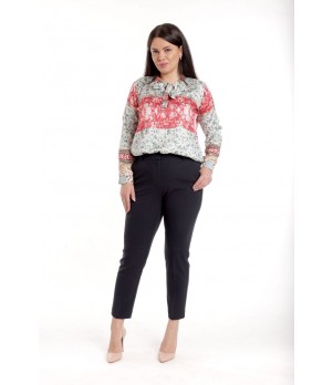 Bluza Dama din Satin cu Funda, Gri cu Rosu si imprimeu