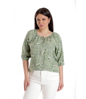 Bluza Dama, IE, Verde cu imprimeu floral si maneca 3 sferturi