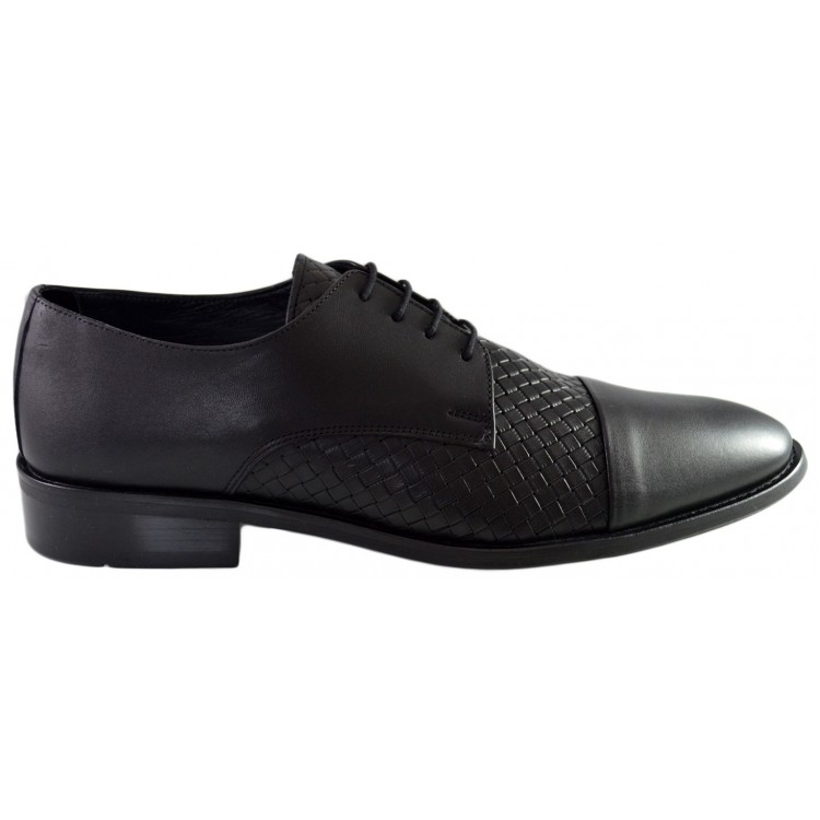 Pantofi Negri Barbati, model Impletit din Piele Naturala