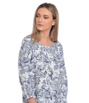 Bluza Dama, Alb Bleumarin Ampla cu model