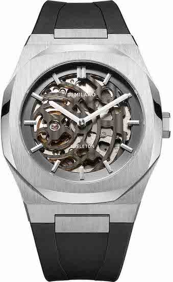 Ceas Barbati, D1 MILANO, SILVER SKELETON RUBBER AUTOMATIC D1-SKRJ01