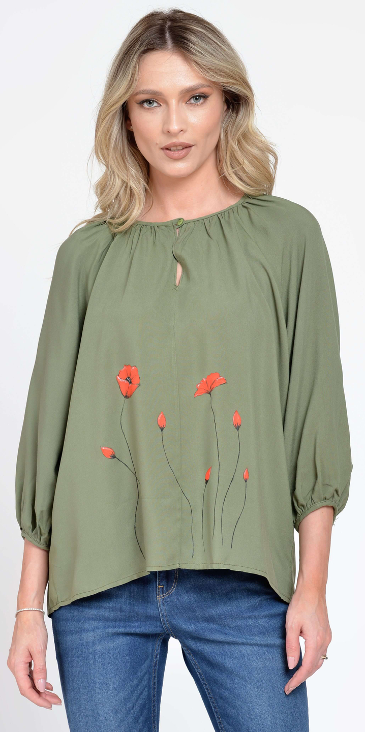 Bluza Dama cu Maneca 3 sferturi, Ampla, Kaki cu pictura realizata manual