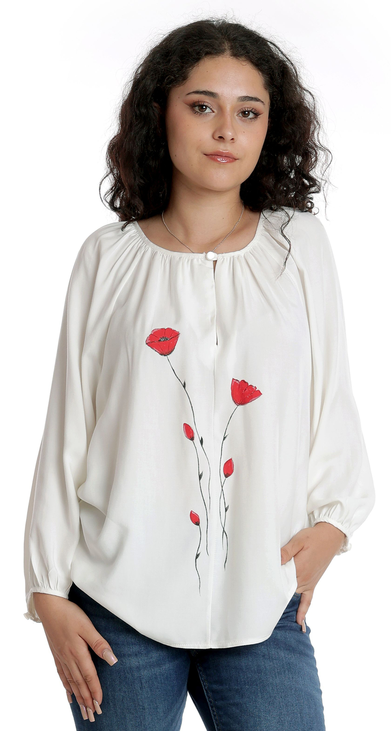 Bluza Dama cu Maneca Lunga, Ampla, Alba cu pictura realizata manual