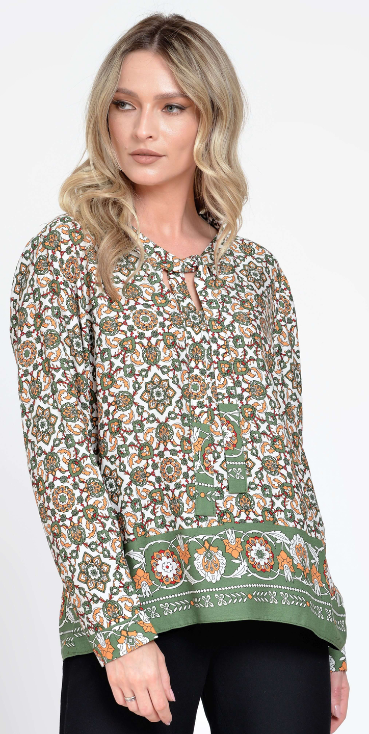 Bluza Dama cu Maneca lunga si Funda, Verde cu Imprimeu Combinat