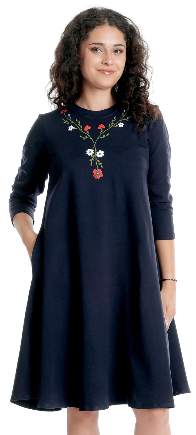 Rochie Dama Midi, Bleumarin cu maneci 3 sferturi si Pictura Manuala