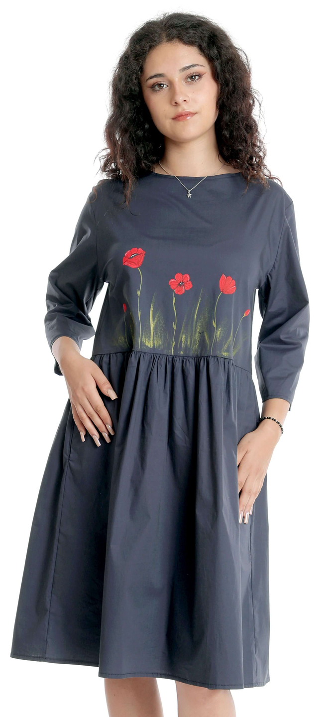 Rochie Dama Midi UNI, Pictata manual cu Maci, Gri antracit cu Maneci 3 Sferturi