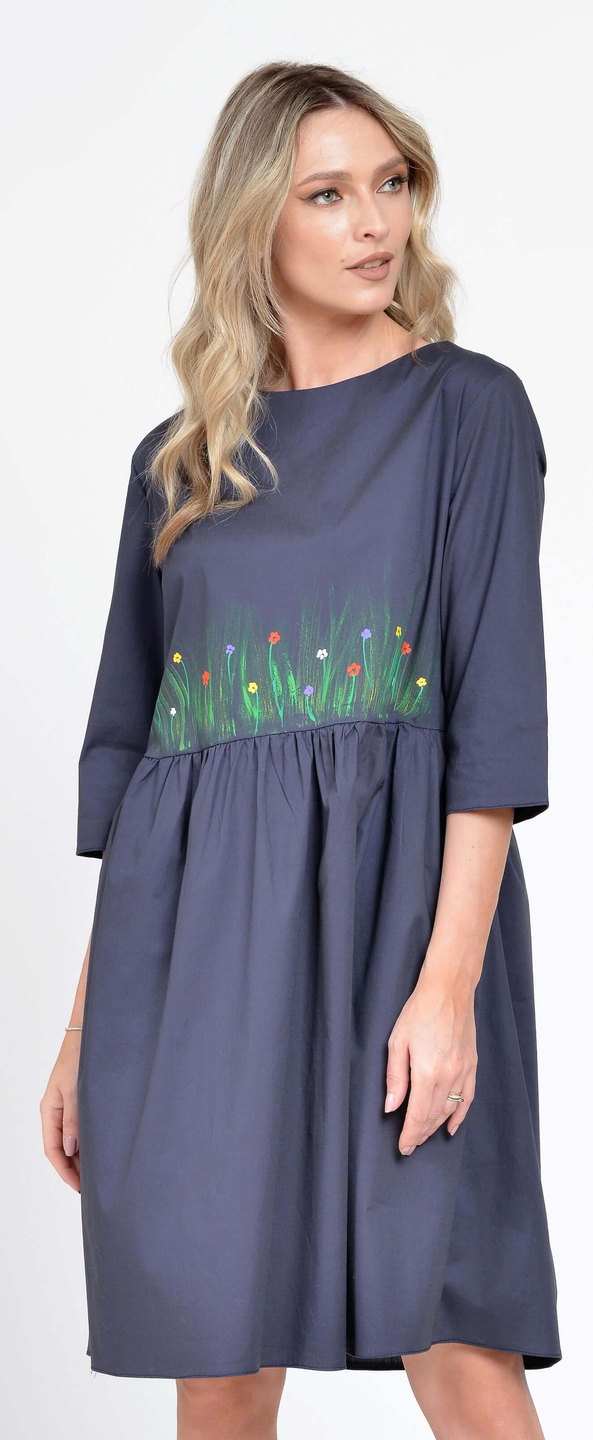 Rochie Dama Midi UNI, Pictata manual, Gri antracit cu Maneci 3 Sferturi