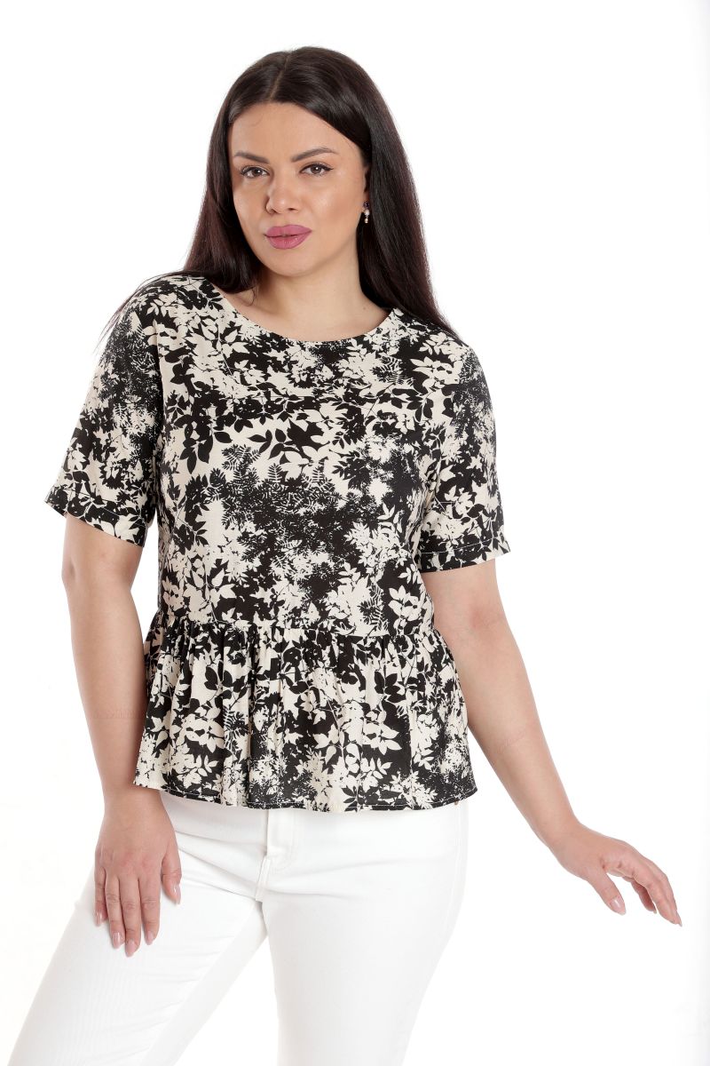 Bluza Dama, Peplum, din Viscoza, Crem cu Negru si model Floral