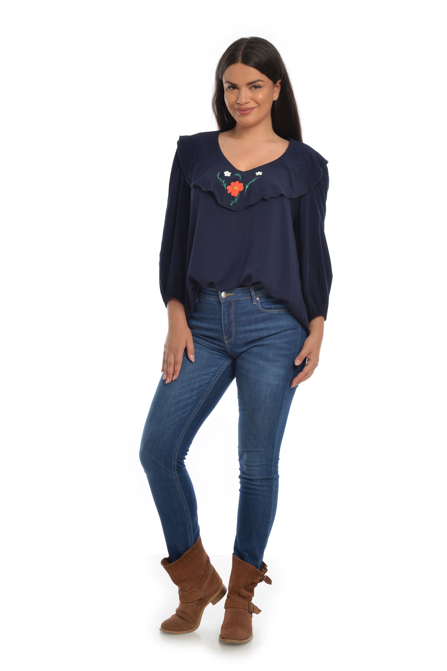 Bluza Dama cu Volan, Pictata, Bleumarin