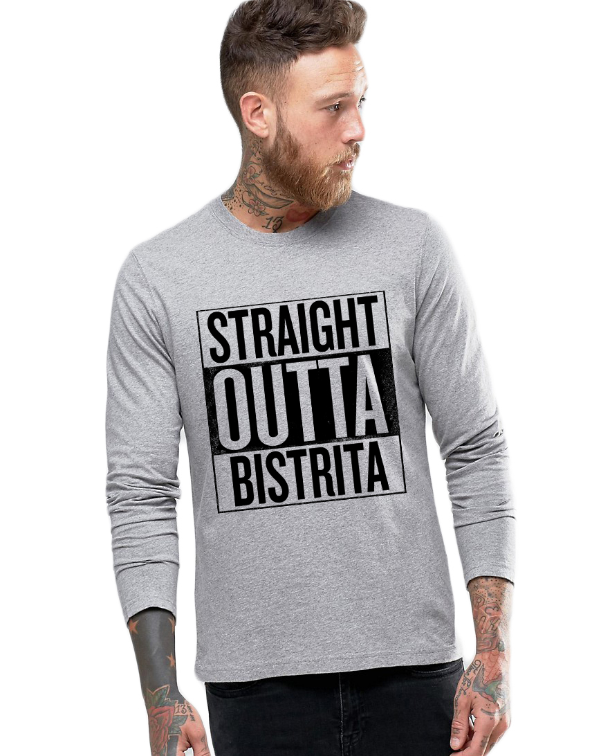 Bluza barbati gri cu text negru - Straight Outta Bistrita