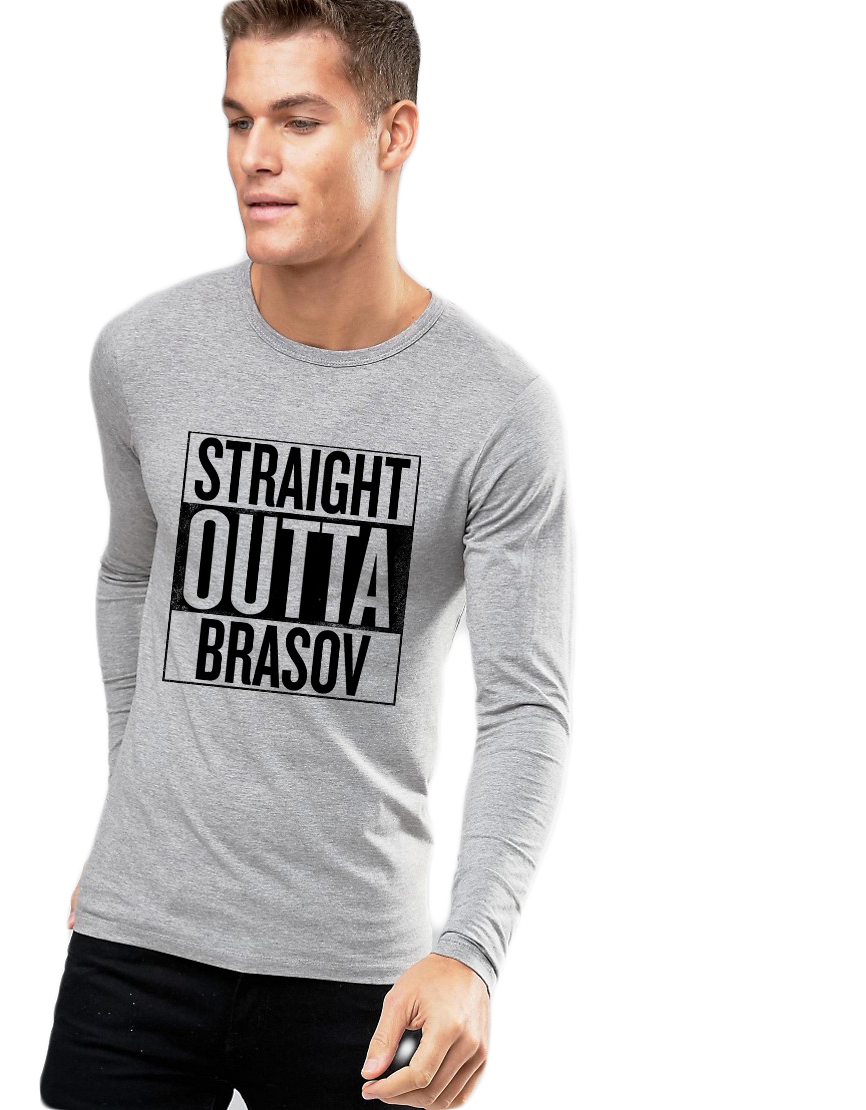 Bluza barbati gri cu text negru - Straight Outta Brasov - CATEGORIE