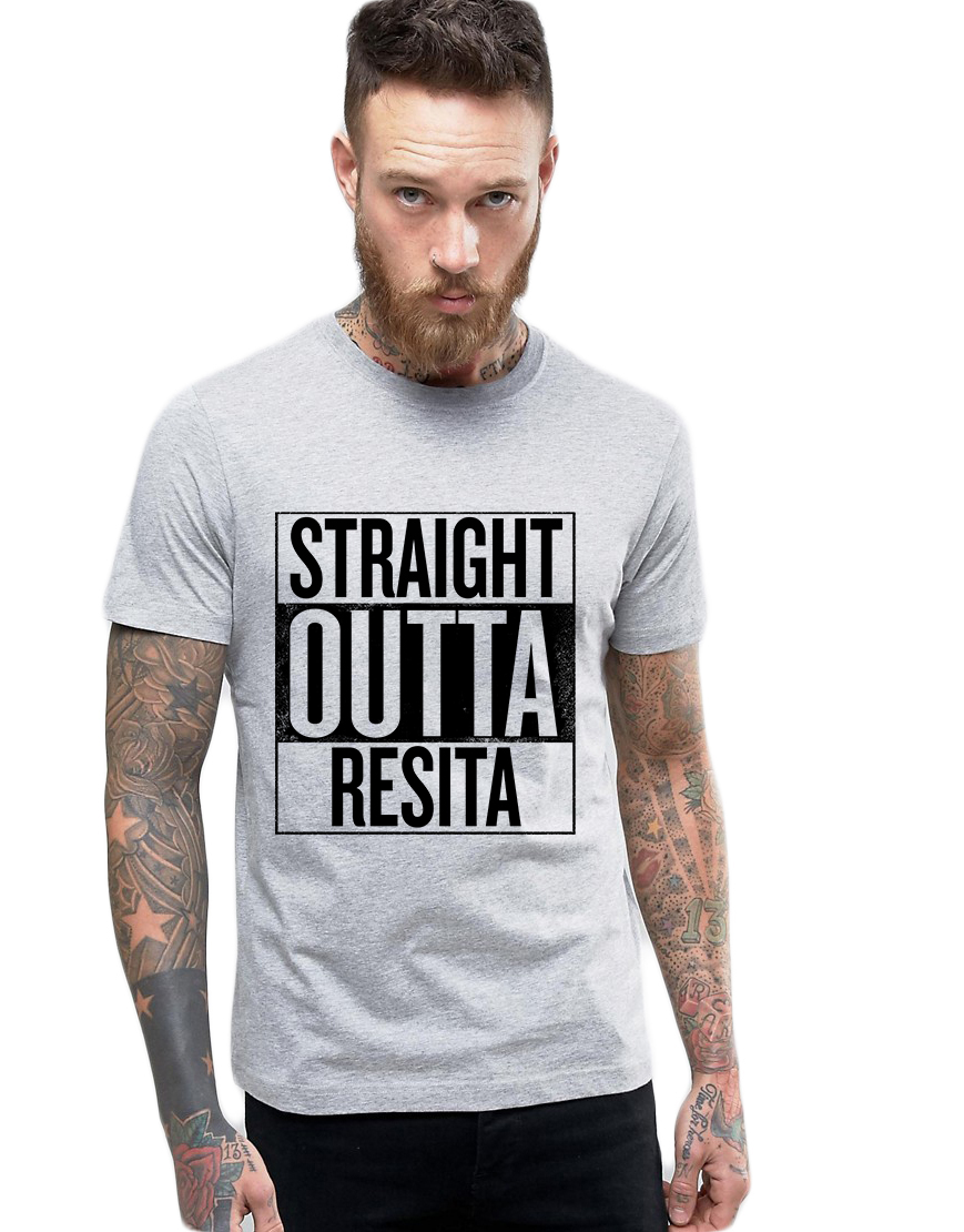 Tricou barbati gri cu text negru - Straight Outta Resita - CATEGORIE
