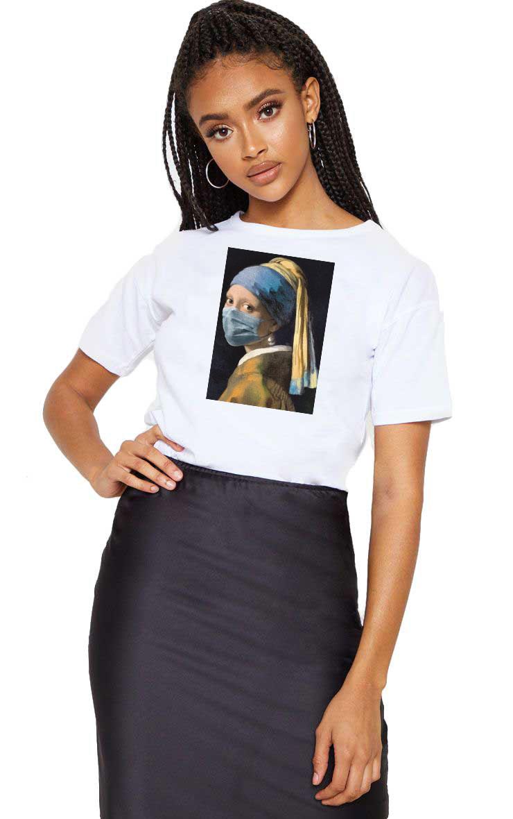 Tricou dama alb - Fata cu perla in Pandemie
